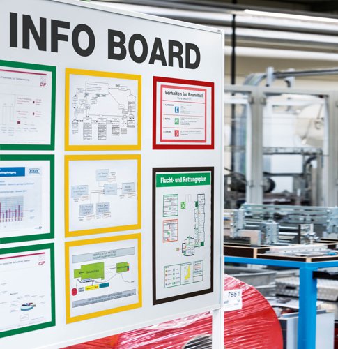 The Magnetic info frame DURAFRAME® Magnetic is the ideal solution for displaying documents and notices on metal surfaces. The inserts can be quickly exchanged simply by lifting the magnetic frame away from the surface. Perfect for displaying information such as health and safety information and machinery maintenance checks in warehouse and production areas or on whiteboards around the office.