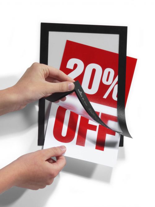 The self-adhesive, A5 Duraframe is the ideal solution for displaying posters and advertising in large formats on solid and smooth surfaces. The inserts can be quickly exchanged thanks to the magnetic fold-back frame. When applied to glass, the information can be read from both sides and will leave no residue when removed. Perfect for displaying notices, signage, safety information on internal walls without the need to permanently install signage frames.