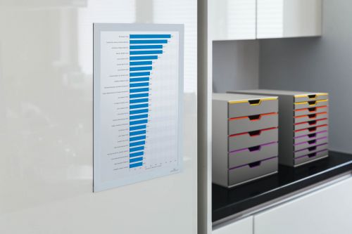 The self-adhesive info frame DURAFRAME® is the ideal solution for displaying information on solid and smooth surfaces. The inserts can be quickly exchanged thanks to the magnetic fold-back frame. When applied to glass, the information can be read from both sides and will leave no residue when removed. Perfect for displaying notices, signage, safety information in any workplace or at home.