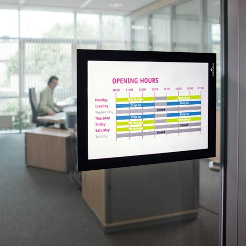 The self-adhesive info frame DURAFRAME is the ideal solution for displaying information on solid and smooth surfaces. The inserts can be quickly exchanged thanks to the magnetic fold-back frame. When applied to glass, the information can be read from both sides and will leave no residue when removed. Perfect for displaying notices, signage, safety information in any workplace or at home.