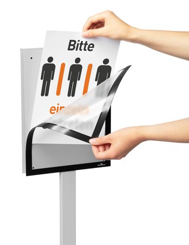 The Information Sign Floor Stand is the simple way to present information in a wide range of application areas and can be used as a wayfinding system due to its double-sided readability. Information is quick and easy to exchange, thanks to the use of two DURAFRAME MAGNETIC signage frames which are fixed to the metal plates. The stand is extremely stable thanks to the weighted base which includes 4 rubber feet. The innovative plug-in mechanism enables you to quickly change from portrait to landscape format without the need for tools. The floor stands are perfect for reception areas, exhibitions, lobbies and waiting rooms, etc. Includes mounting set and instructions.
