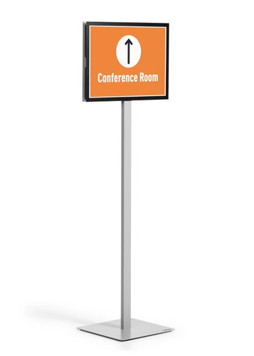 The Information Sign Floor Stand is the simple way to present information in a wide range of application areas and can be used as a wayfinding system due to its double-sided readability. Information is quick and easy to exchange, thanks to the use of two DURAFRAME MAGNETIC signage frames which are fixed to the metal plates. The stand is extremely stable thanks to the weighted base which includes 4 rubber feet. The innovative plug-in mechanism enables you to quickly change from portrait to landscape format without the need for tools. The floor stands are perfect for reception areas, exhibitions, lobbies and waiting rooms, etc. Includes mounting set and instructions.