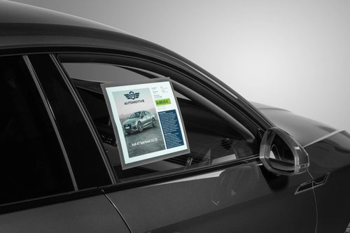 The signage solution specifically designed for curved glass: the statically adhesive info pouches are suitable for attaching offers to car windows shop windows and sales counters. The A4 frames are adhesive-free meaning it can be repositioned time and time again without leaving any residue. The pocket is heat-resistant and stable up to 70°c and is UV resistant for up to 2 years. Documents can be quickly exchanged thanks to the insertion aid on the reverse of the frame. Can be used in both portrait and landscape formats.