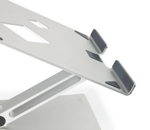 26592DR | Universally adjustable stand for laptops and tablets from 10” to 17” (up to 5 kg). The Durable Laptop stand RISE facilitates ergonomic work through easy height and reading angle adjustment. With more people than ever working from home, the laptop stand easily allows for your laptop to be used along side an additional monitor. The stand is made of strong aluminium which provides a stable and secure base to work from. The bottom of the laptop stand has non-slip rubber pads which protects against scratches on your desk. The stand also includes improved heat dissipation through ventilation holes on the metal plate to prevent the laptop from overheating. A simple yet stylish space-saving solution which can be folded away and packed into a travel bag.