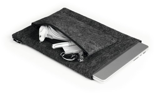 Introducing our sleek protective laptop sleeve made from 60% recycled felt. It offers durable protection for tablets or laptops up to 13". Lightweight and portable, it's perfect for everyday use, easily fitting into a backpack, briefcase, or handbag.The sleeve features high-quality fasteners to safeguard against scratches and damage, while the included accessory bag provides extra storage. Loops and press studs securely connect the two, but they can also be used separately for added versatility.Sleeve dimensions: 32 x 25 cmAccessory bag dimensions: 24 x 13.5 cmDesigned in Germany 