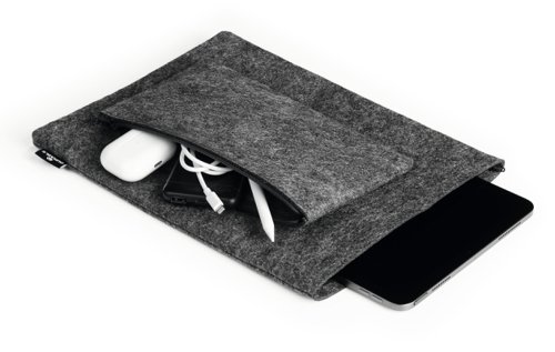 Introducing our sleek protective laptop sleeve made from 60% recycled felt. It offers durable protection for tablets or laptops up to 13". Lightweight and portable, it's perfect for everyday use, easily fitting into a backpack, briefcase, or handbag.The sleeve features high-quality fasteners to safeguard against scratches and damage, while the included accessory bag provides extra storage. Loops and press studs securely connect the two, but they can also be used separately for added versatility.Sleeve dimensions: 32 x 25 cmAccessory bag dimensions: 24 x 13.5 cmDesigned in Germany 