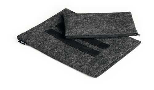 Introducing our sleek protective laptop sleeve made from 60% recycled felt. It offers durable protection for tablets or laptops up to 13". Lightweight and portable, it's perfect for everyday use, easily fitting into a backpack, briefcase, or handbag.The sleeve features high-quality fasteners to safeguard against scratches and damage, while the included accessory bag provides extra storage. Loops and press studs securely connect the two, but they can also be used separately for added versatility.Sleeve dimensions: 32 x 25 cmAccessory bag dimensions: 24 x 13.5 cmDesigned in Germany 