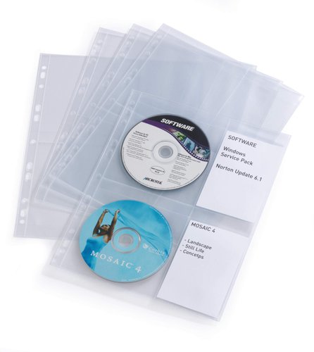 Durable CD/DVD Pockets - 2 Sided Wallet Index for 4 Disks - 10 Pack - A4 Clear
