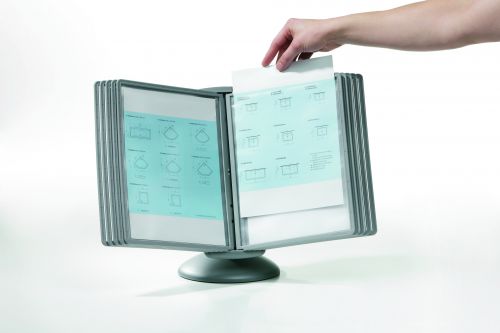 Rotating table stand with 10 SHERPA display panels in A4 format. Ideal for a wide range of applications: use in the workplace when standing or sitting, position between several workstations or simply use to assist the daily working routine. Complete with index tabs and blank insert cards. A galvanised ball connects the bracket holding the panels with a firm base that allows 360 degree rotation. Reading angle variable from 25 to 70 degrees. Supplied with a 5 year guarantee.