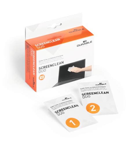 Durable Screenclean Duo Wet and Dry Wipe Set Alcohol Free Individually Wrapped (Pack of 10) 572102