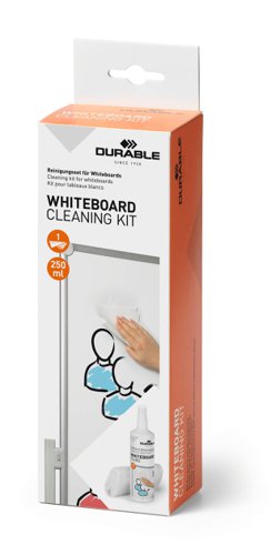 DB07026 | Durable Whiteboard Cleaning Kit which includes a 250ml bottle of cleaning fluid and a microfiber cloth. The cleaning fluid works great on most standard whiteboards. The fluid gently removes ink residue, grease and grime and leaves the whiteboard sparkling.