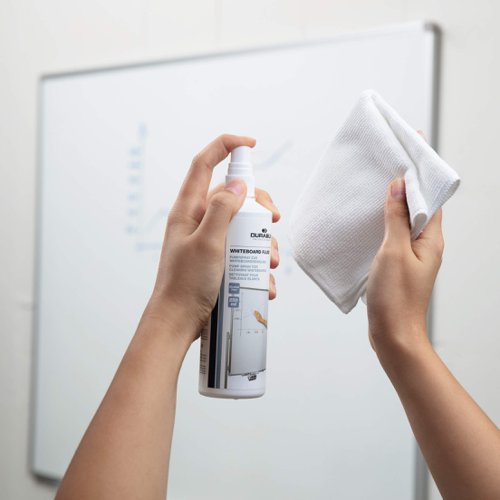 DB07026 | Durable Whiteboard Cleaning Kit which includes a 250ml bottle of cleaning fluid and a microfiber cloth. The cleaning fluid works great on most standard whiteboards. The fluid gently removes ink residue, grease and grime and leaves the whiteboard sparkling.