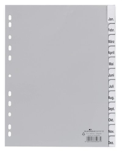 Durable 12 Part Removable Tab Reinforced Punched Index Dividers - A4 - Grey