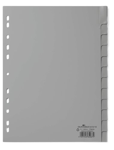 Durable 12 Part Removable Tab Reinforced Punched Index Dividers - A4 - Grey  641010