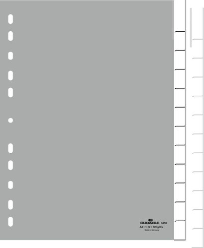 Durable 12 Part Removable Tab Reinforced Punched Index Dividers - A4 - Grey  641010