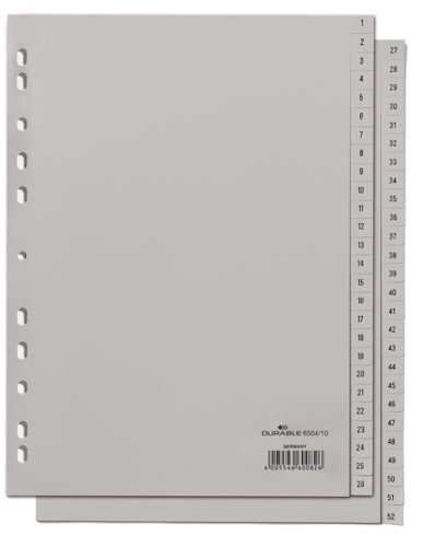 Durable polypropylene file dividers with 1-52 embossed tabs for separating your documents numerically. The German designed index dividers use universal punching for maximum compatibilityThe dividers are made from strong polypropylene to extend their lifecycle, they are built to be used time and time again.Tab labelling on 2 sheets (1-26 and 27-52)Dimensions: 230 mm x 297 mm