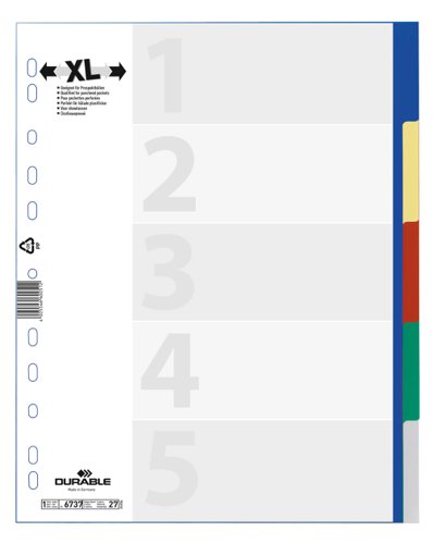 Durable 5 Part Coloured Tab Index Punched File Dividers - A4+  673727