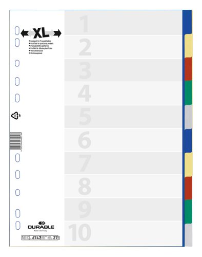 Durable 10 Part Coloured Tab Index Punched File Dividers - A4+  674727