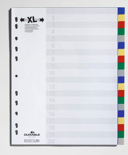 Durable 20 Part Coloured Tab Index Punched File Dividers - A4+