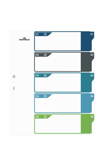 Durable 5 Part Numbered Tab Punched Index Dividers + Cover - A4+ - Colour Coded