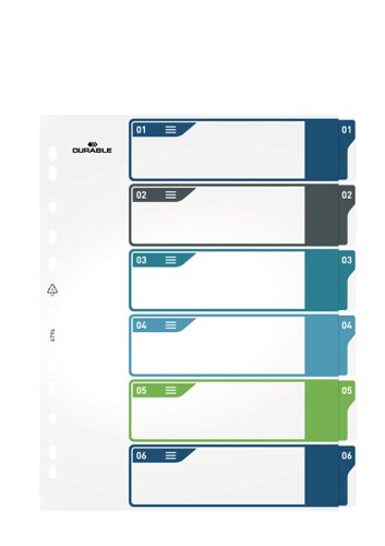 Durable 6 Part Numbered Tab Punched Index Dividers + Cover - A4+ - Colour Coded