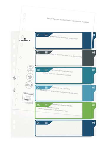 Durable 6 Part Numbered Tab Punched Index Dividers + Cover - A4+ - Colour Coded  679427