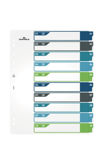 Durable 10 Part Numbered Tab Punched Index Dividers + Cover - A4+ - Colour Coded