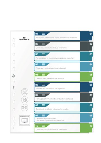 Durable 10 Part Numbered Tab Punched Index Dividers + Cover - A4+ - Colour Coded  679527