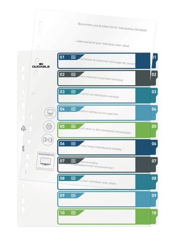 Durable 10 Part Numbered Tab Punched Index Dividers + Cover - A4+ - Colour Coded  679527