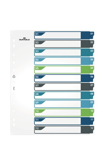 Durable 12 Part Numbered Tab Punched Index Dividers + Cover - A4+ - Colour Coded