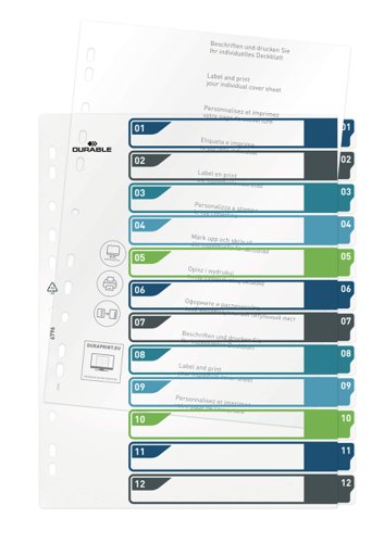 Durable 12 Part Numbered Tab Punched Index Dividers + Cover - A4+ - Colour Coded  679627