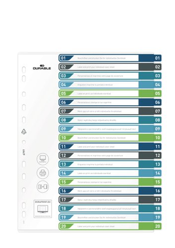 Durable 20 Part Numbered Tab Punched Index Dividers + Cover - A4+ - Colour Coded  679727