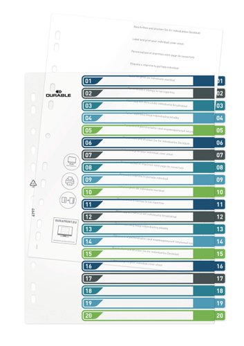 Durable 20 Part Numbered Tab Punched Index Dividers + Cover - A4+ - Colour Coded  679727