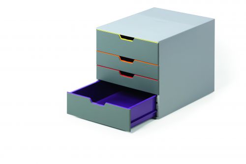 Stylish drawer box with four colourful drawers made of premium-quality plastics. Each drawer is a different colour making it easy to organise your documents. The draws open smoothly and includes drawer stops . Includes transparent labelling windows and EDP-Printable and easy to exchange label inserts. Drawer sets can be stackable and include skid proof plastic feet. Suitable for holding A4, C4, folio and letter size formats. Size: 292x280x356mm (WxHxD).
