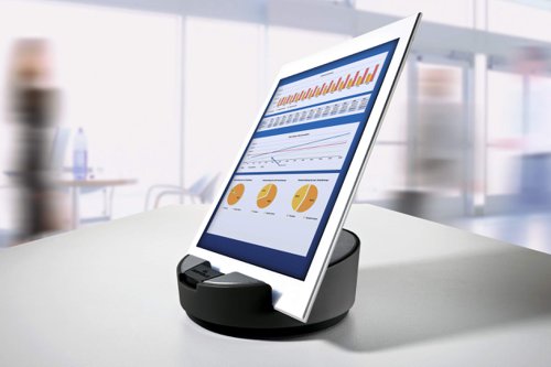 A unique innovative base for tablets and phones from 7 - 13 inches. Devices can be laid flat on top or positioned in the slot for portrait or landscape viewing.Featuring smooth 360° rotation, ideal for meetings, cooking or media consumption. Simply press the button to lock the tablet in place. Rubber pads on the bottom of the tablet base ensure stability.Dimensions: 145 x 59 mm (W x H)Built and designed in Germany