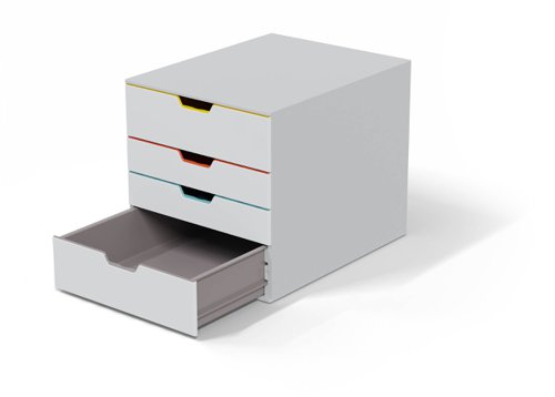 13824DR | Stylish drawer box with four colourful drawers made of premium-quality plastics. Each drawer is a different colour making it easy to organise your documents. The draws open smoothly and includes drawer stops . Includes transparent labelling windows and EDP-printable and easy to exchange label inserts. Drawer sets can be stackable and include skid proof plastic feet. Suitable for holding A4, C4, folio and letter size formats. Dimensions: 280 x 292 x 356 mm (W x H x D).