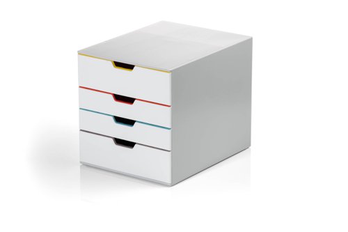 Stylish drawer box with four colourful drawers made of premium-quality plastics. Each drawer is a different colour making it easy to organise your documents. The draws open smoothly and includes drawer stops . Includes transparent labelling windows and EDP-printable and easy to exchange label inserts. Drawer sets can be stackable and include skid proof plastic feet. Suitable for holding A4, C4, folio and letter size formats. Dimensions: 280 x 292 x 356 mm (W x H x D).
