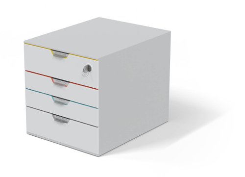 Stylish drawer box with four colourful drawers made of premium-quality plastics. The top drawer is lockable with a cylinder lock for the storage of confidential documents and personal belongings. Each drawer is coloured making it easy to organise your documents. The draws open smoothly and includes drawer stops . Includes transparent labelling windows and EDP-printable and easy to exchange label inserts. Drawer sets can be stackable and include skid proof plastic feet. Suitable for holding A4, C4, folio and letter size formats. Dimensions: 280 x 292 x 356 mm (W x H x D).
