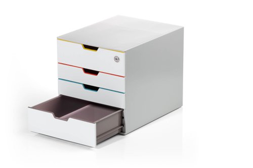13831DR | Stylish drawer box with four colourful drawers made of premium-quality plastics. The top drawer is lockable with a cylinder lock for the storage of confidential documents and personal belongings. Each drawer is coloured making it easy to organise your documents. The draws open smoothly and includes drawer stops . Includes transparent labelling windows and EDP-printable and easy to exchange label inserts. Drawer sets can be stackable and include skid proof plastic feet. Suitable for holding A4, C4, folio and letter size formats. Dimensions: 280 x 292 x 356 mm (W x H x D).