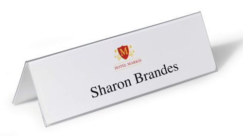 German designed table place name holders in robust crystal clear plastic. Information can be read from both sides making them ideal for conferences, seminars and receptions.Comes with our free online name badge design software DURAPRINT with database functionality, saving you both time and money.Made in Germany and environmentally friendly in accordance with ISO 14021: 100% recyclable.Provided with 25 pre-cut blank insert cardsInsert dimensions: 105 x 297 mmQuantity: 25