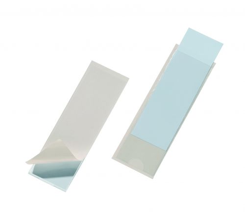 Transparent self-adhesive pocket with blank inserts. Perfect for or labelling of files, folders, warehouse racking, etc. The pockets are also great for use as business card or collectors cards holders.