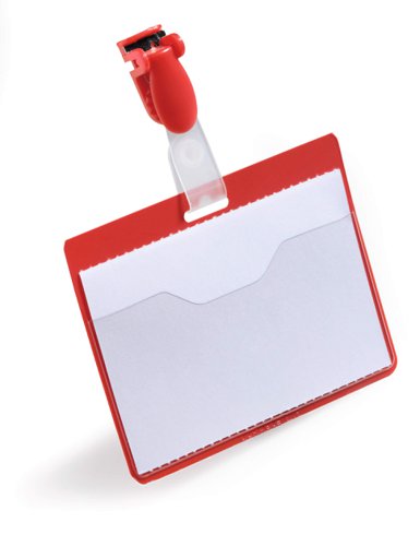 Durable Visitor Name Badge 60x90mm with Clip Includes Blank Insert Cards Red (Pack 25) - 810603
