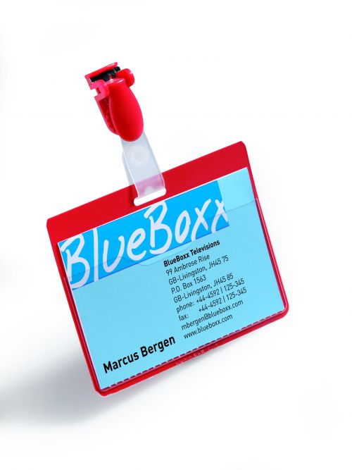 Durable Visitor Name Badge 60x90mm with Clip Includes Blank Insert Cards Red (Pack 25) - 810603