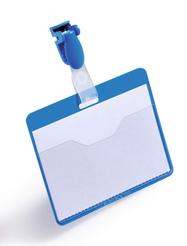 Durable Visitor Name Badge 60x90mm with Clip Includes Blank Insert Cards Blue (Pack 25) - 810606
