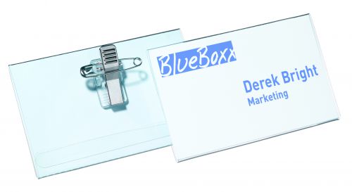 11146DR | Transparent name badge with combi clip which is perfect for events and exhibitions. The combi clip allows for quick and easy attachment to clothing without causing any damage. Size: 54 x 90mm.