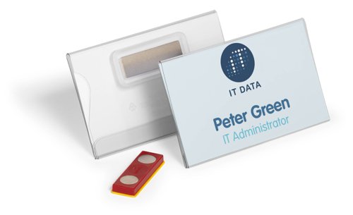 This transparent name badge is designed in landscape format with an internal dimension of 54mm x 90mm, to display inserts that can be changed multiple times. ideal for use at events, exhibitions and conferences, the inserts can be replaced or removed through the side opening. Featuring a magnetic attachment for quick and easy labelling for people who are on the move, these name badges are supplied in a pack of 25.