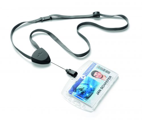 Textile lanyard with safety lock and black badge reel in triangular design. The length of the grey, silky soft textile lanyard is adjustable from 240 mm to 500 mm. The wide snap hook is made of sturdy ABS and is suitable for all DURABLE card holders. Dimension lanyard: Length: max. 500 mm, width: 8 mm. Dimension badge reel: Length: 800 mm. Width snap hook: 9 mm.