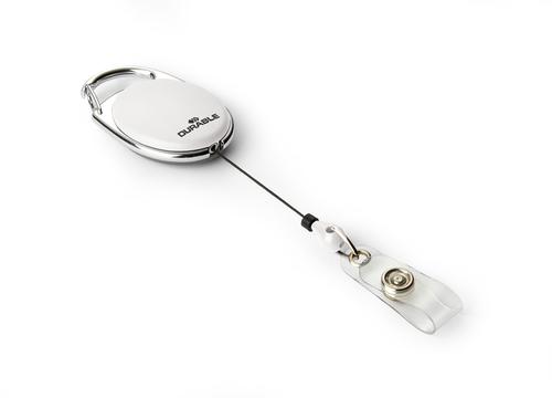 White badge reel in a stylish oval design with a metal plated finish and metal clip on the reverse. Provides quick and easy access to security passes and name badges with a punched hole. Badge reel length: 850mm.