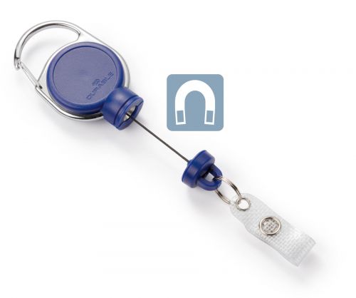 Extra strong badge reel with metal clip fastener. Includes small key ring and reinforced snap button strap. Perfect for using with heavy card holders or with large sets of keys. Magnetic lock supports weight up to 300g. Badge reel length: 600mm.