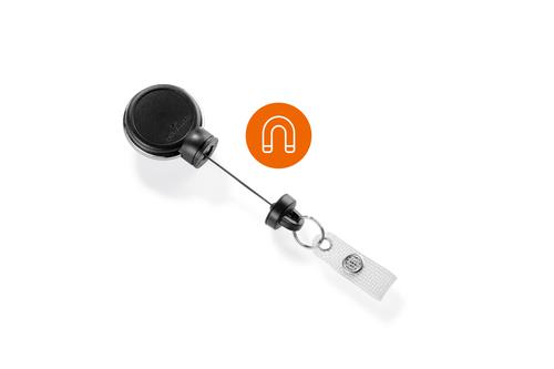 Extra strong badge reel with 360 rotation and a metal clip fastener. Includes small key ring and reinforced snap button strap. Perfect for using with heavy card holders or with large sets of keys. Magnetic lock supports weight up to 300g. Badge reel length: 600mm. Due to the integrated magnet, the readability of cards with magnetic stripes can be impaired.